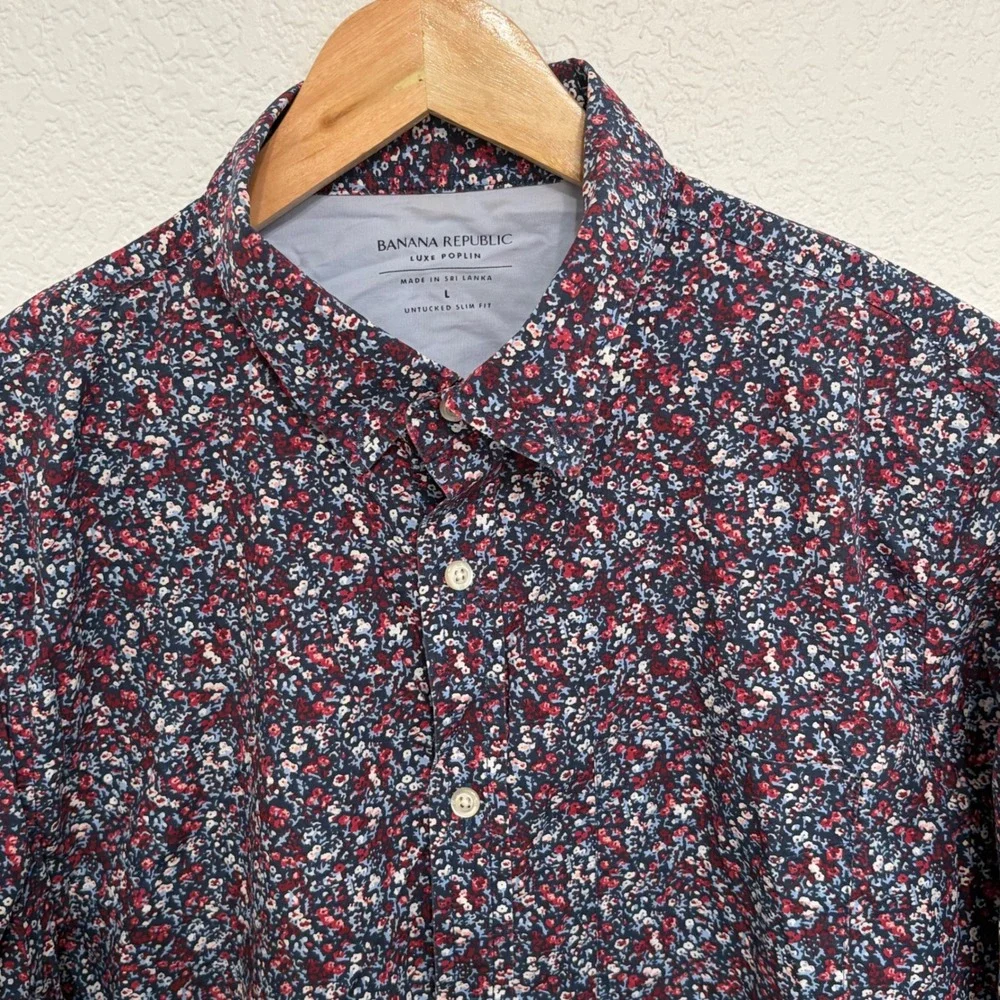 Banana Republic Luxe Poplin Shirt Mens Large Untucked Slim Fit Floral Red Blue